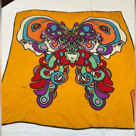 Peter Max Scarf Vintage 1970s Butterfly Psychedelic Vivid Color Gold Silk? - Picture 3 of 15